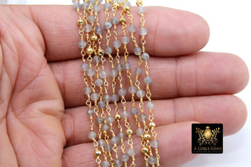 22k Gold Plated Real Labradorite Gemstone Rosary, Gold Pyrite Diamond Cut 4 mm Unfinished Jewelry Chain
